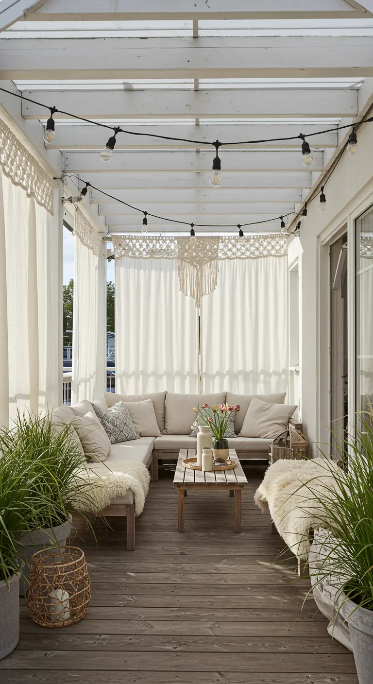 A bright, white-washed wooden deck with macramé valances over white curtains and a neutral sofa.