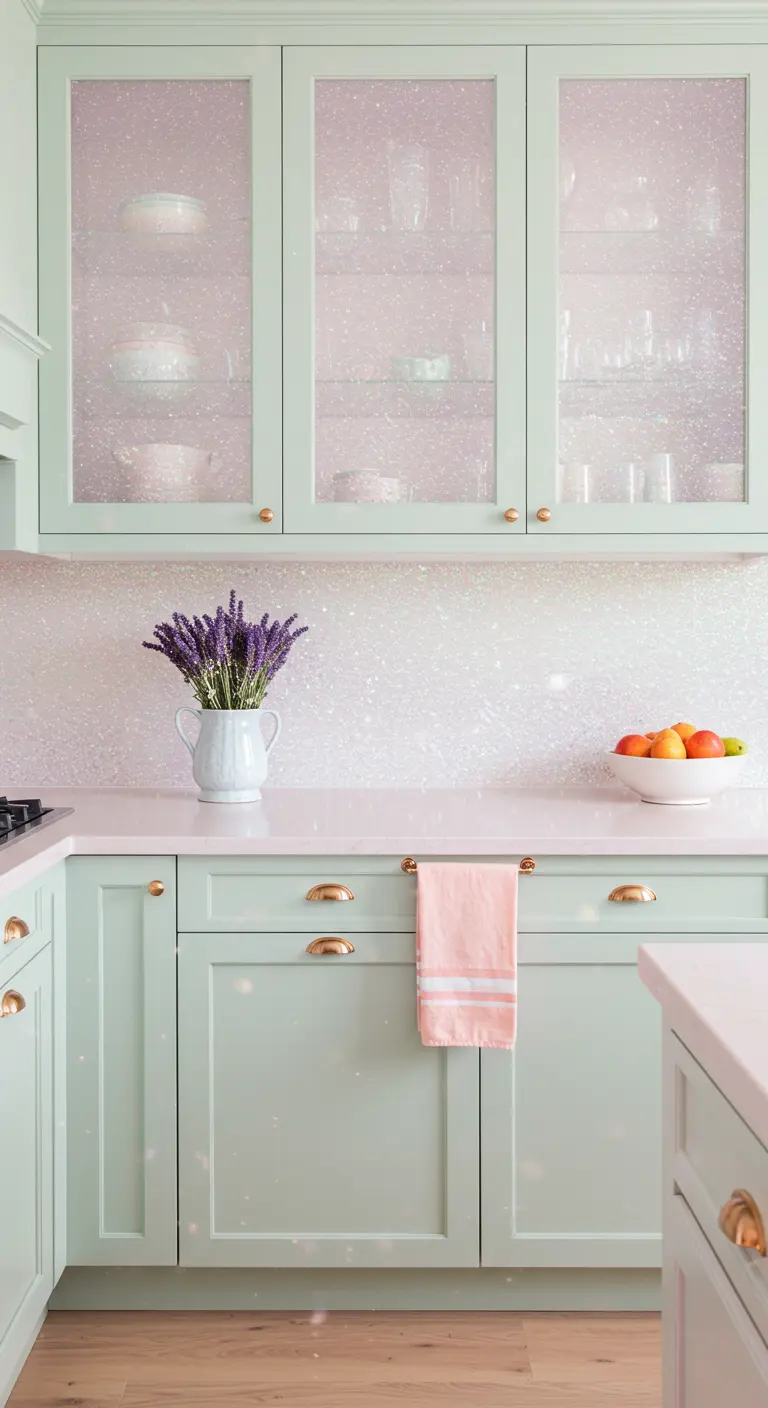 Mint green kitchen with a sparkling white backsplash and frosted glass cabinet doors.