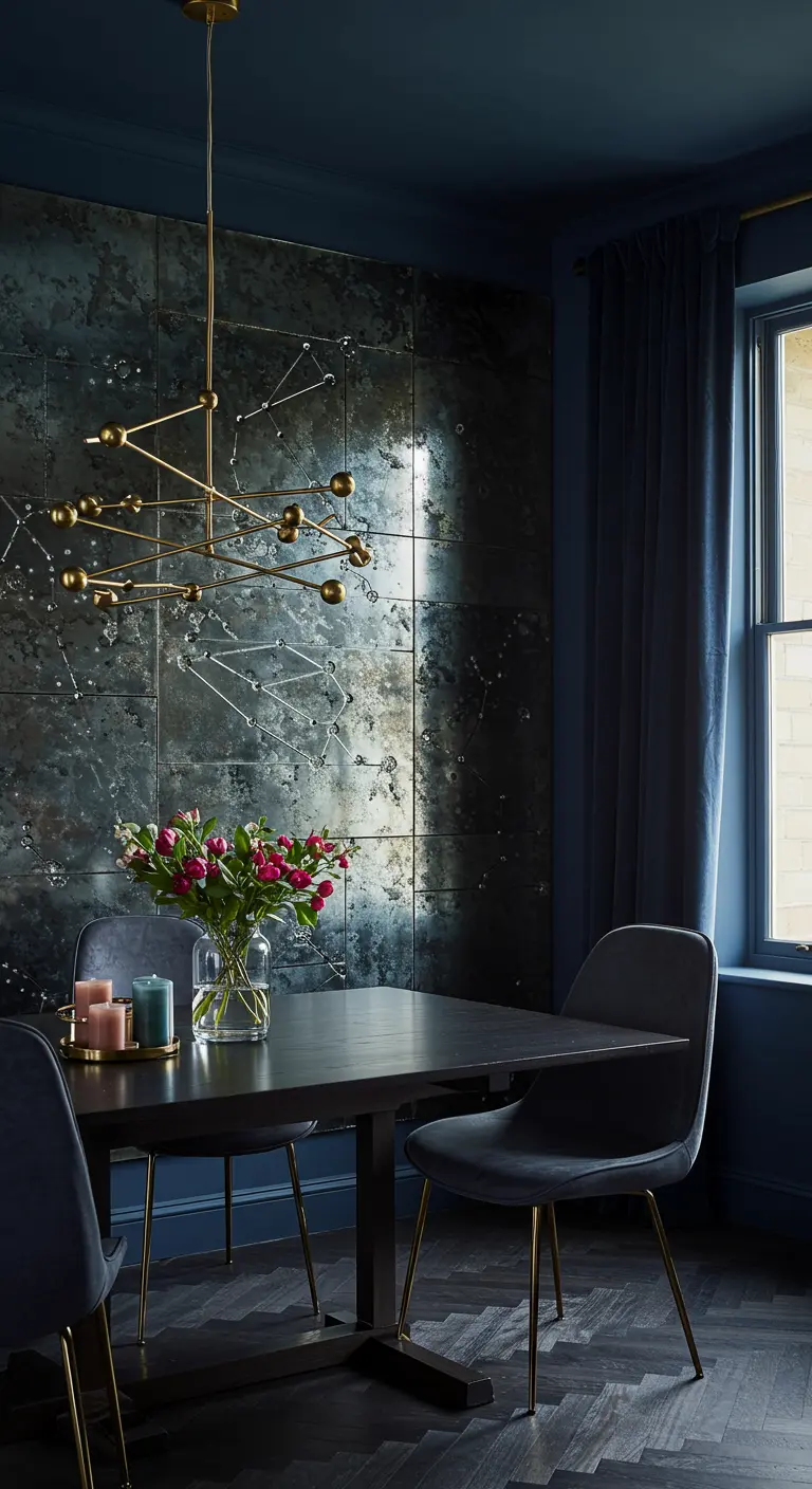 Navy blue dining room with an antiqued mirror wall etched with constellations.