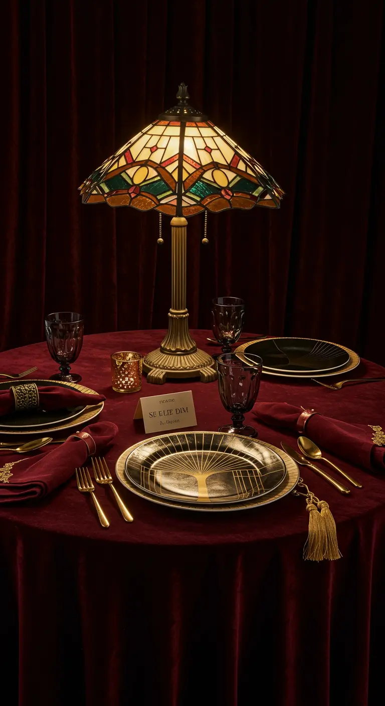 A dark, moody table setting illuminated by a Tiffany-style stained-glass lamp.