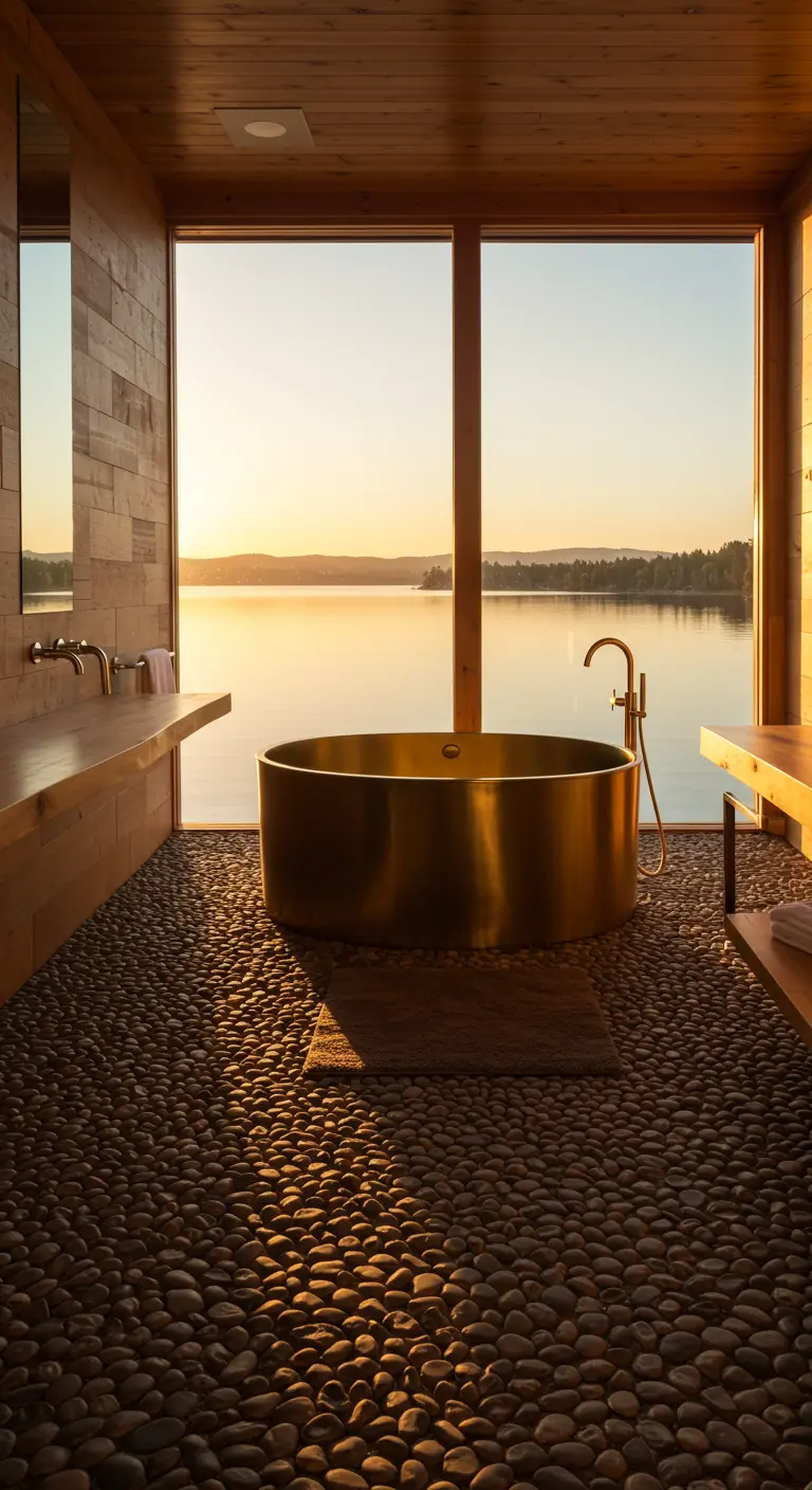 A freestanding brass bathtub on a pebble floor overlooking a lake at sunset.