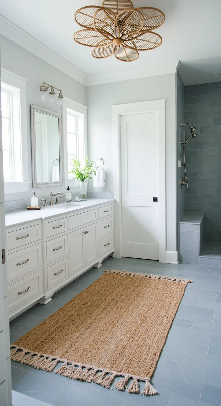 Bathroom with a white vanity and a flower-shaped rattan ceiling light.