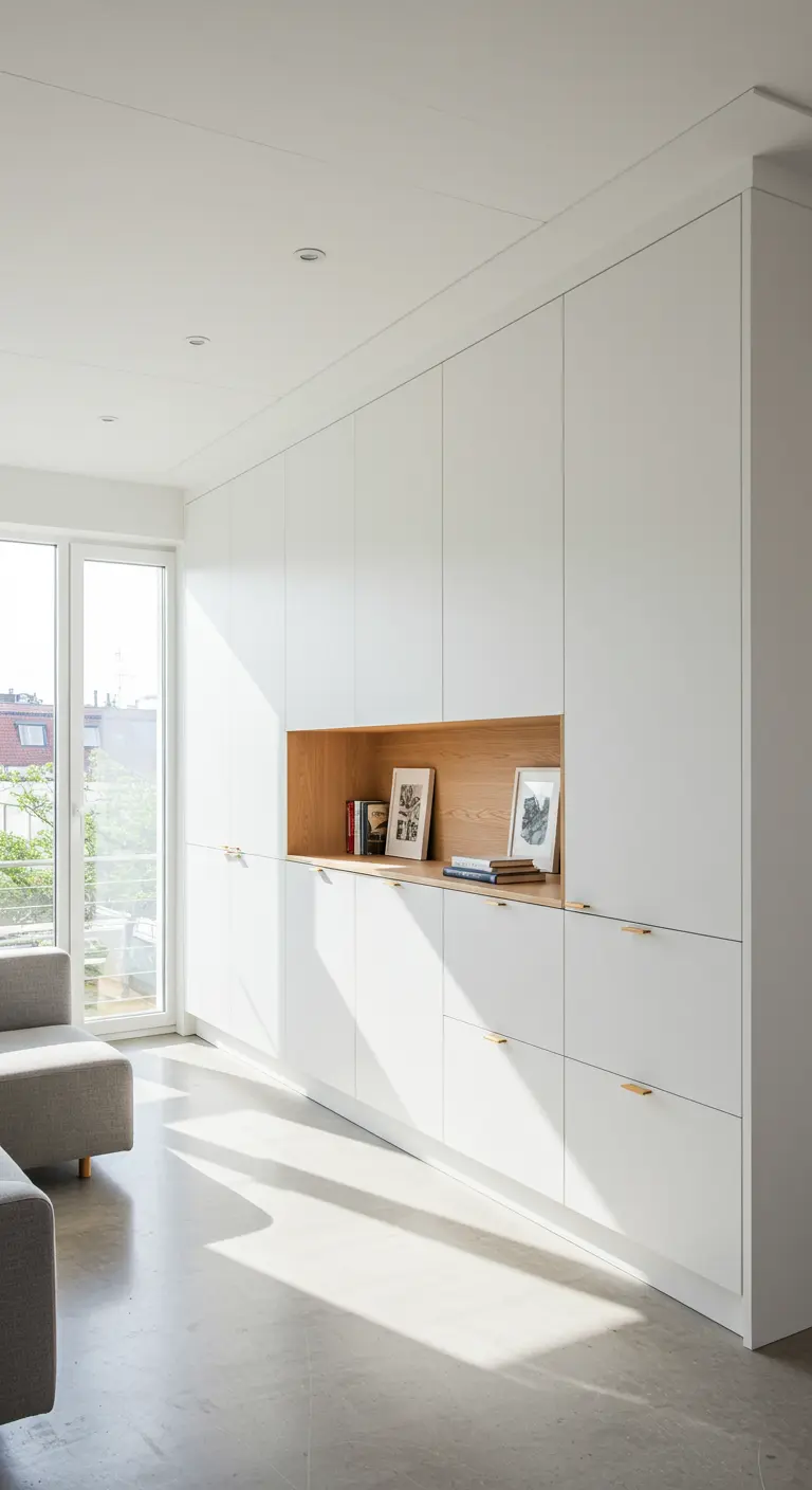 Floor-to-ceiling white cabinets with a recessed light-oak niche for displaying art.