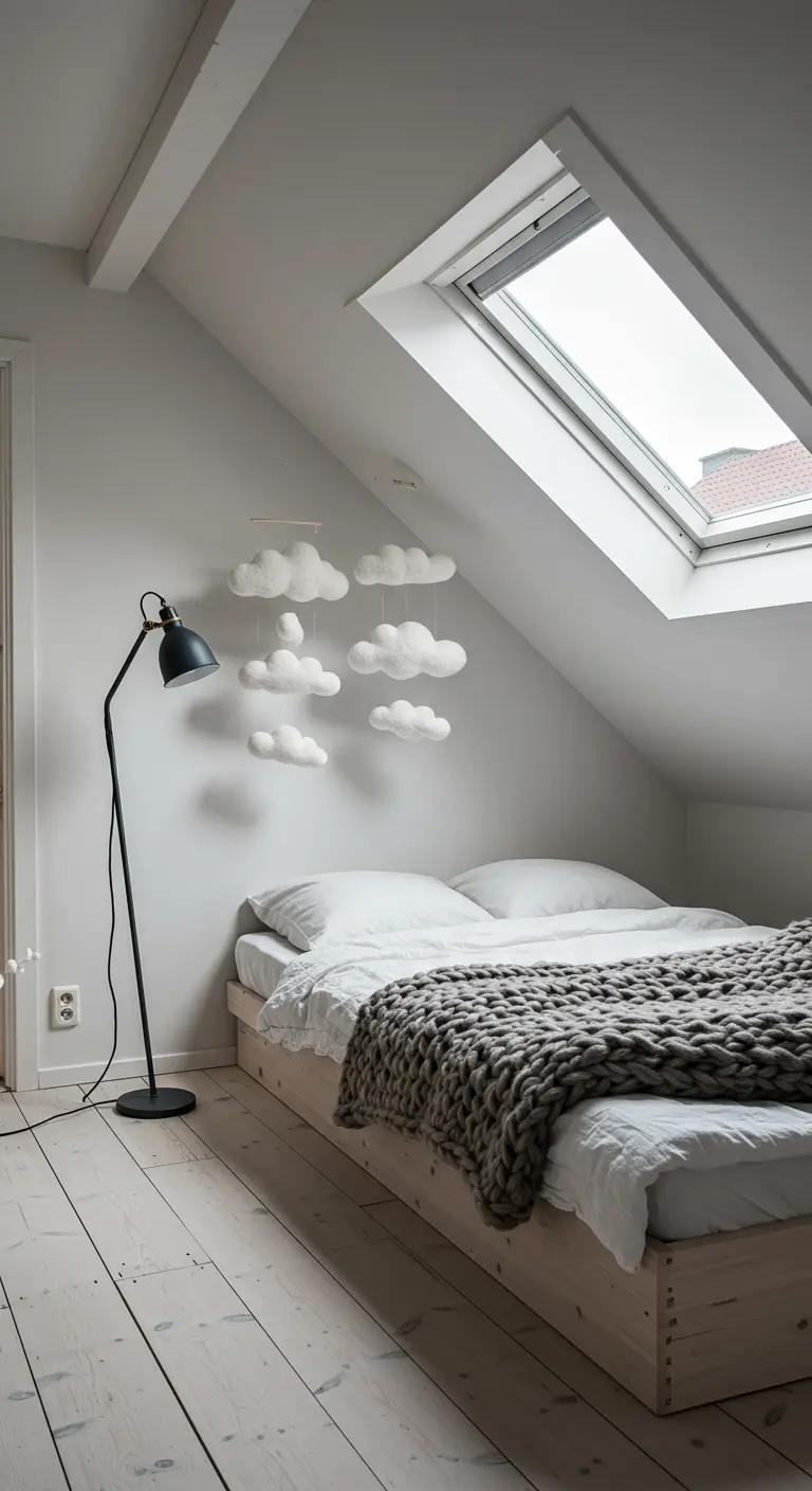 An attic bedroom with a felt cloud mobile hanging from the slanted ceiling.