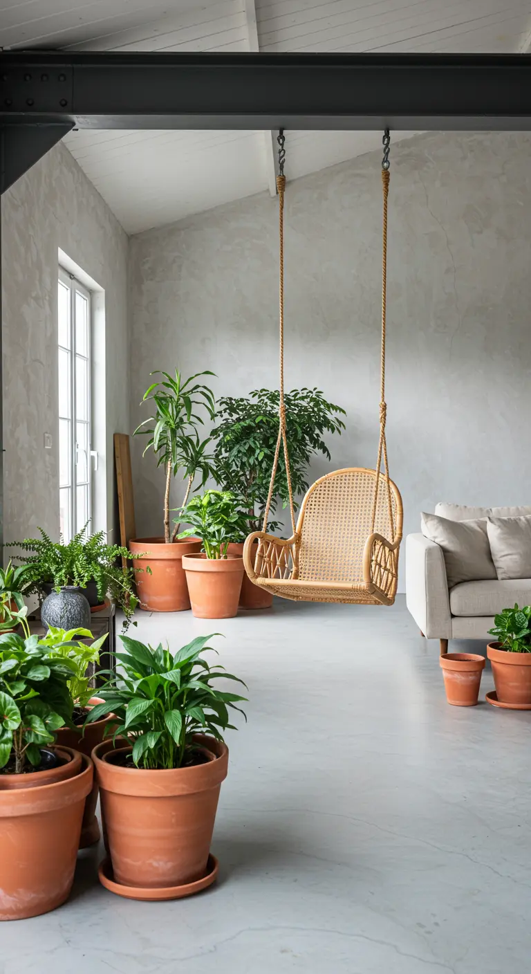 A light-filled industrial room with a rattan hanging chair surrounded by potted plants.