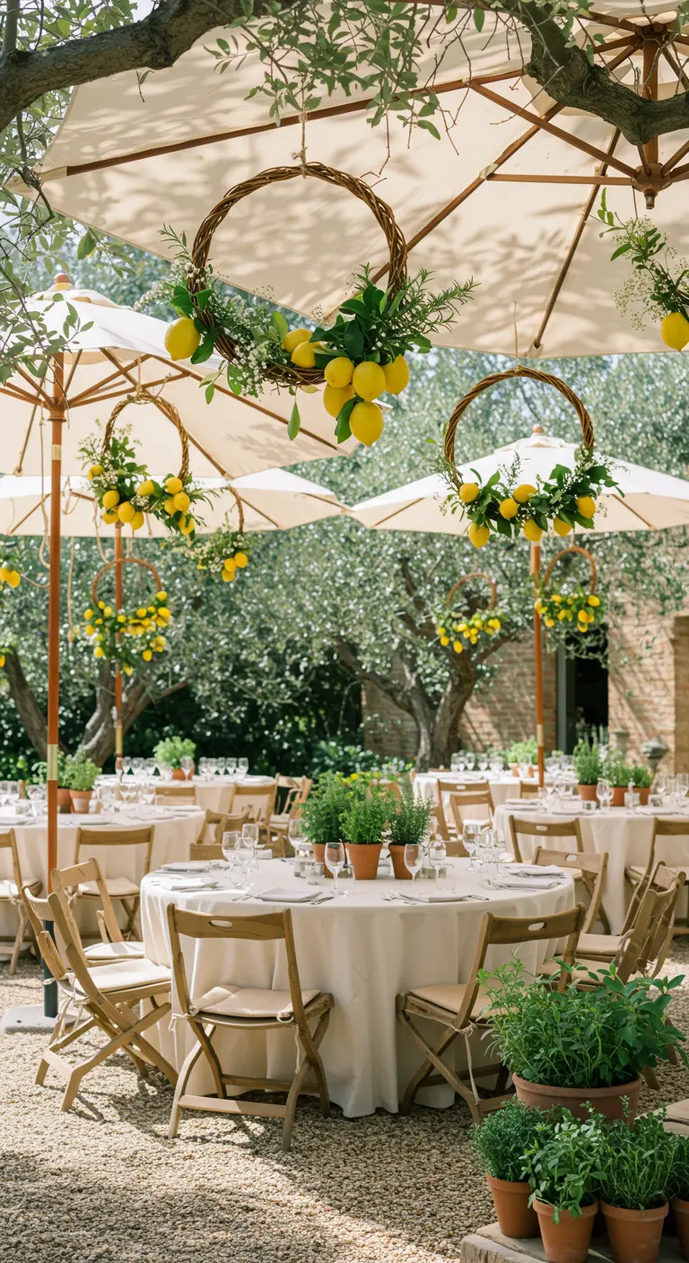 Outdoor wedding reception with lemon and rosemary wreaths hanging from patio umbrellas.