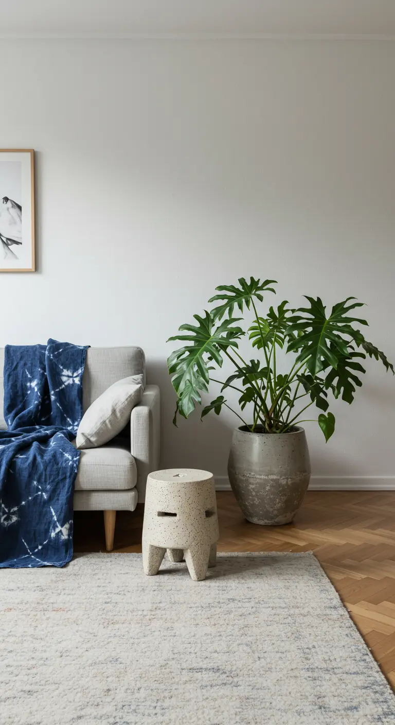 Gray sofa corner with an indigo throw, a large plant, and a primitive-style stone stool.