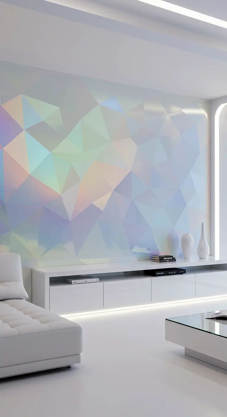 Futuristic living room with a holographic geometric accent wall behind a white media console.