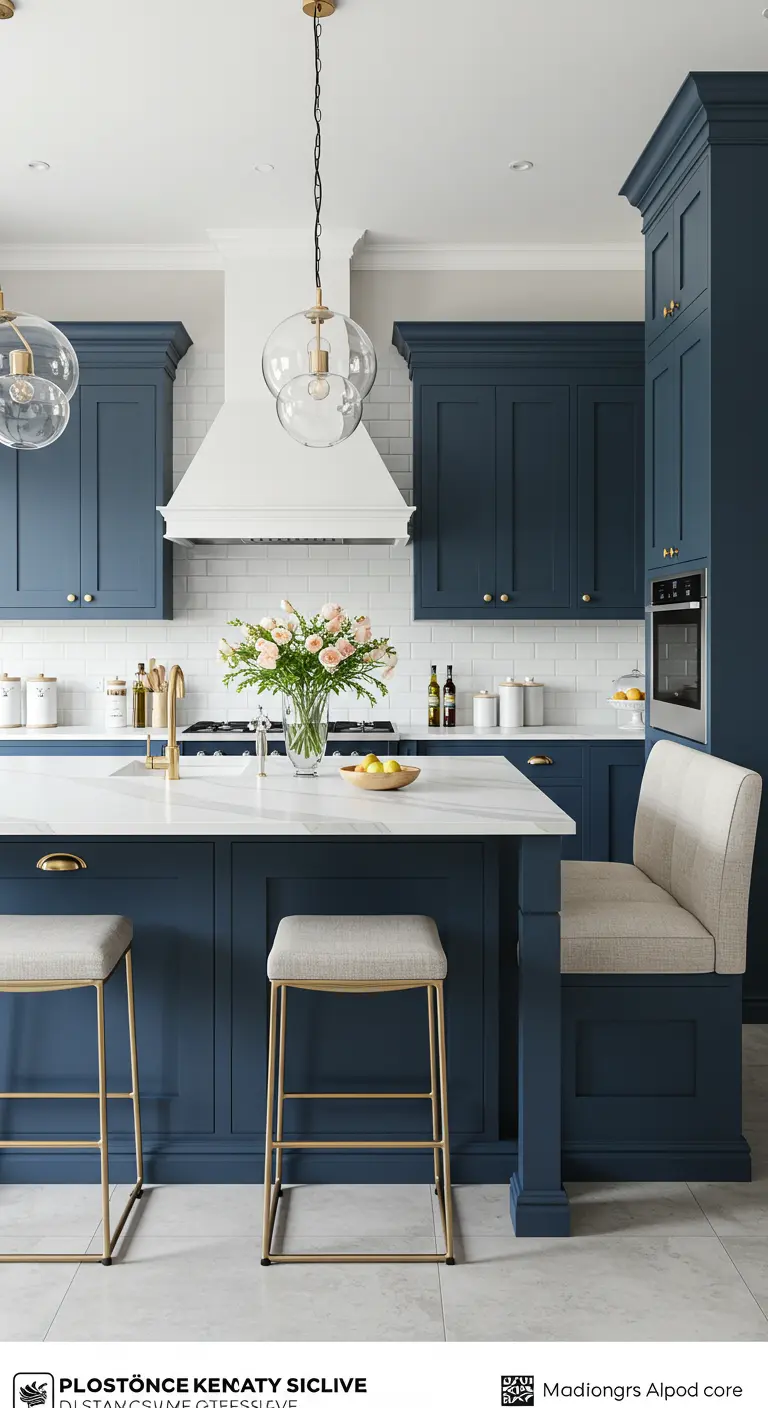 Navy kitchen with a white quartz island that features an integrated upholstered bench.
