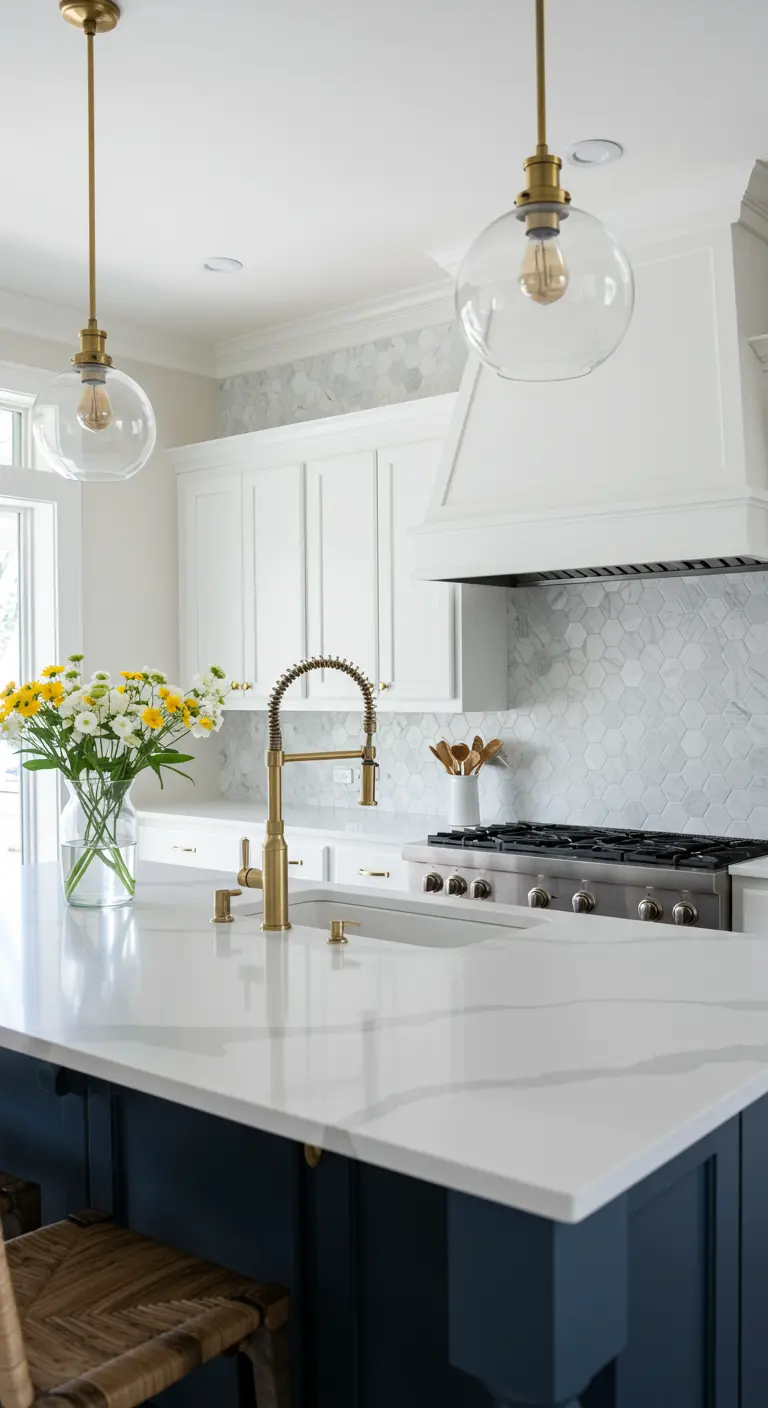 Close-up of a navy island with a shimmering mother-of-pearl hexagonal tile backsplash.