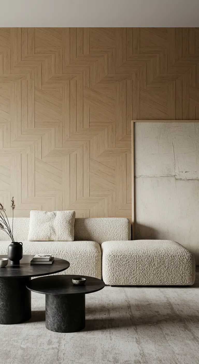 Modern living room with a geometric wood-patterned wallpaper behind a cream bouclé sofa.