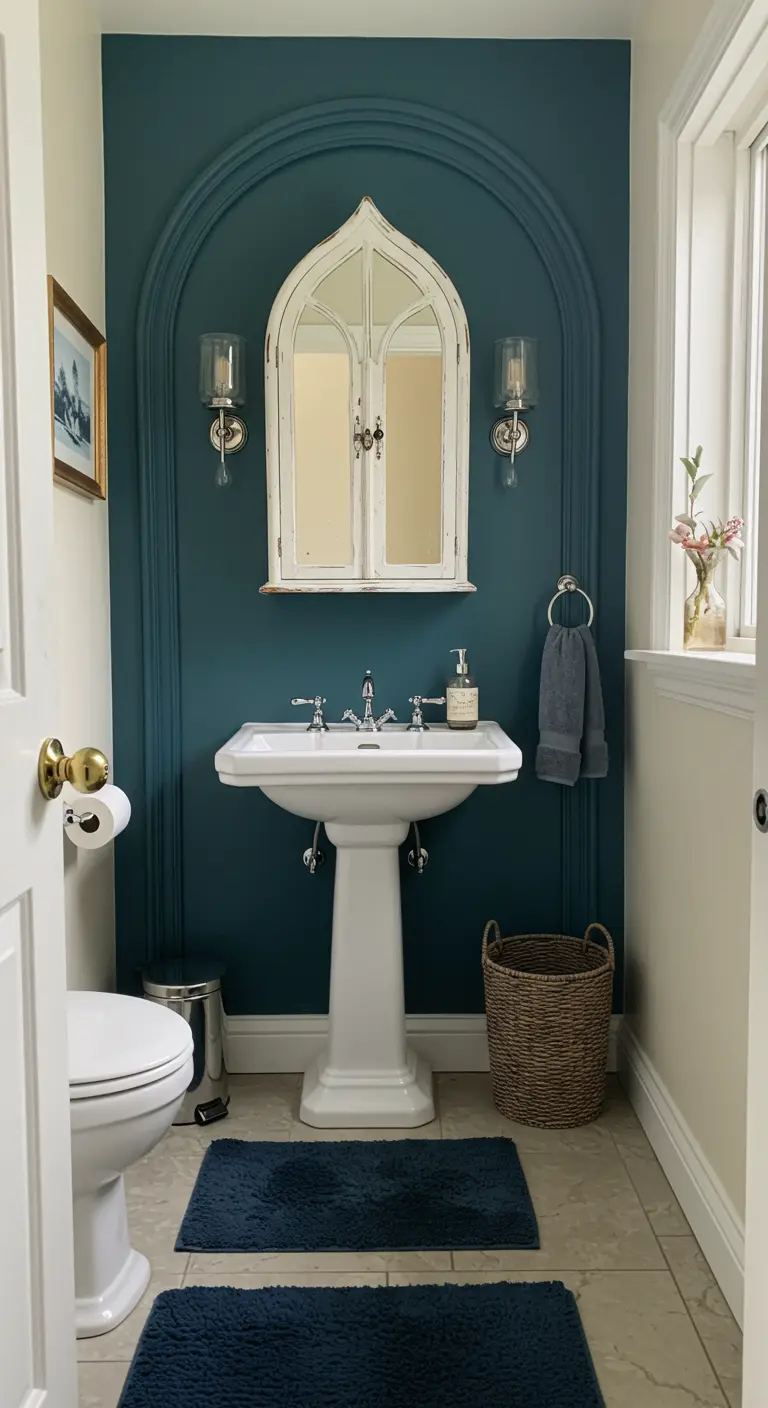 Small bathroom with a teal accent wall featuring a custom-molded arch around a pedestal sink.