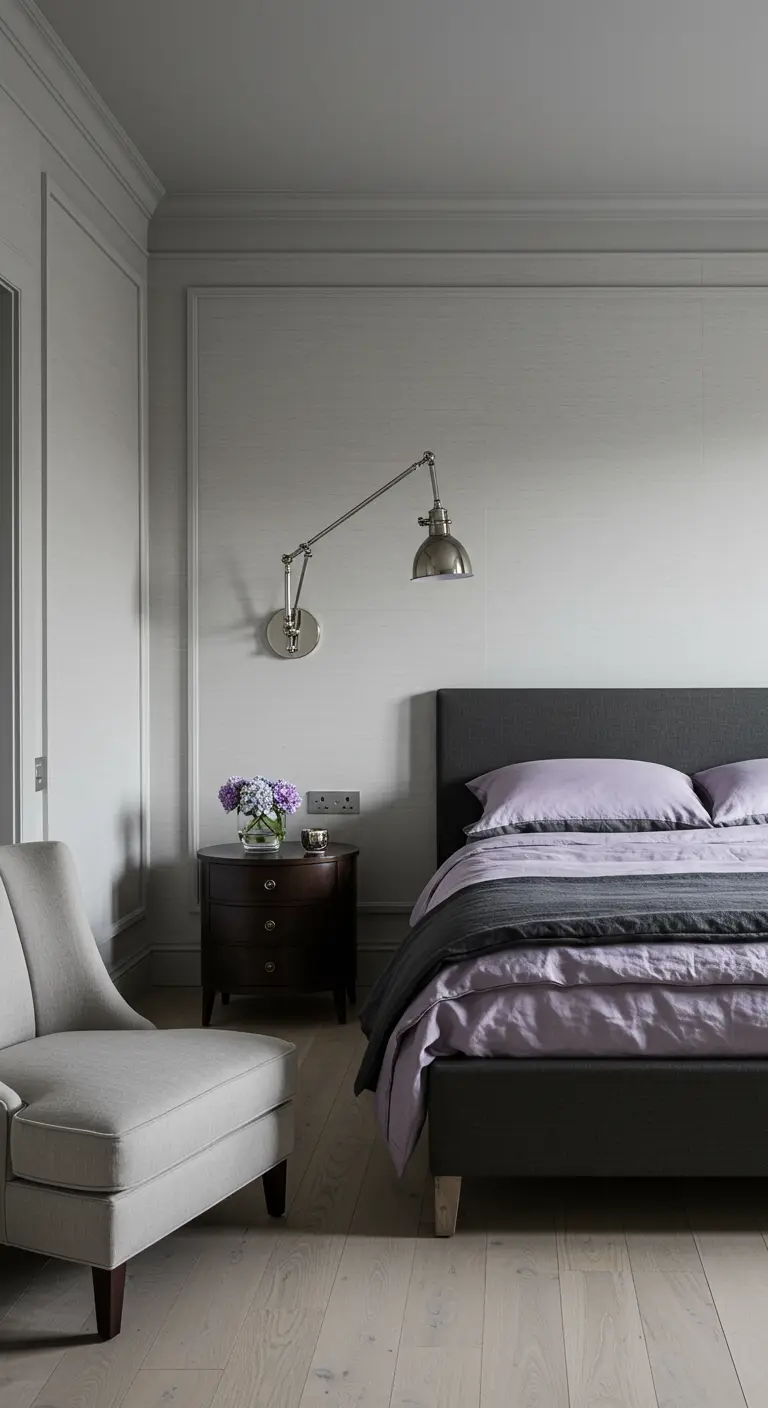 Gray bedroom with wall paneling, lavender bedding, and a swing-arm lamp.