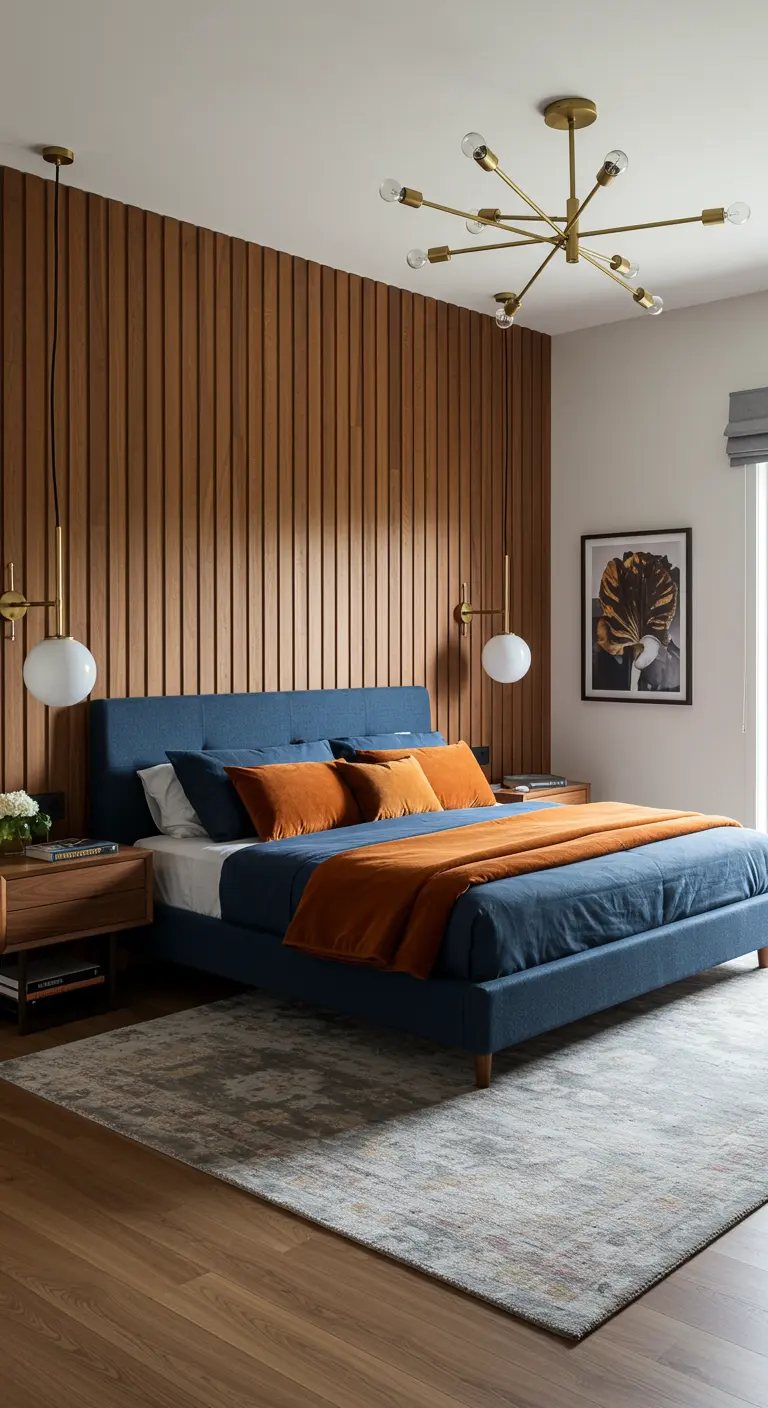 Bedroom with a walnut slat accent wall behind a blue upholstered bed.