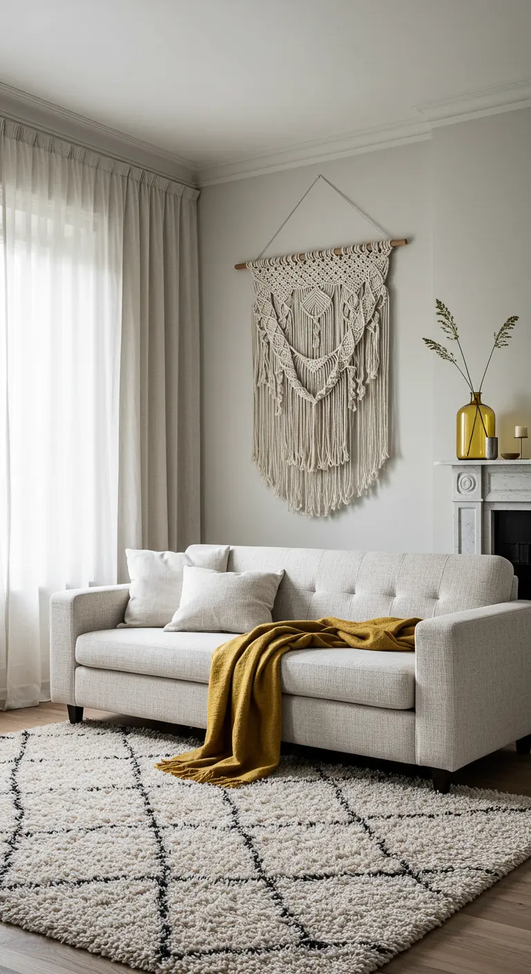 A large macrame wall hanging is centered above a light-colored sofa with a mustard throw.