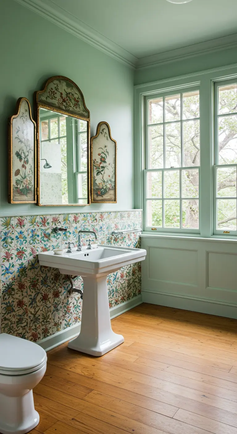 Mint green bathroom with a three-panel chinoiserie mirror.