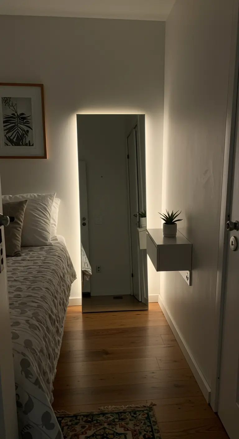 A full-length mirror in a bedroom corner with warm LED backlighting creating a halo effect.