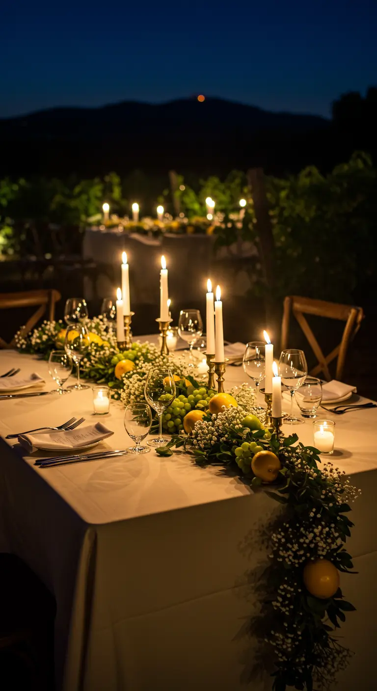 A romantic table at night, with a garland of lemons, greenery, and delicate baby's breath.