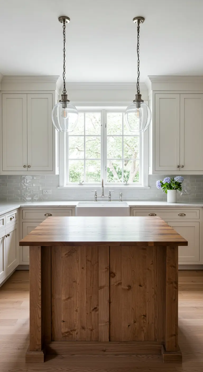 White kitchen with a compact, freestanding wood island and two glass pendant lights.