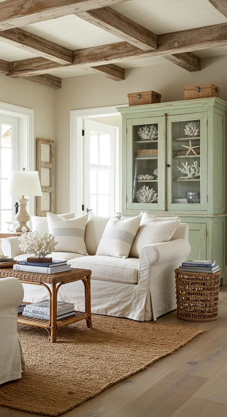 Rustic living room with a distressed seafoam green hutch displaying white coral.