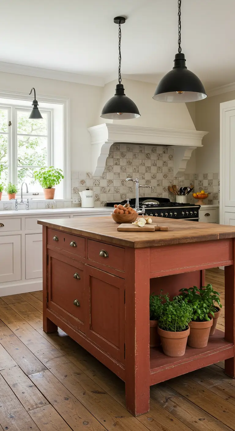 Farmhouse kitchen with white cabinets and a distressed red freestanding island.