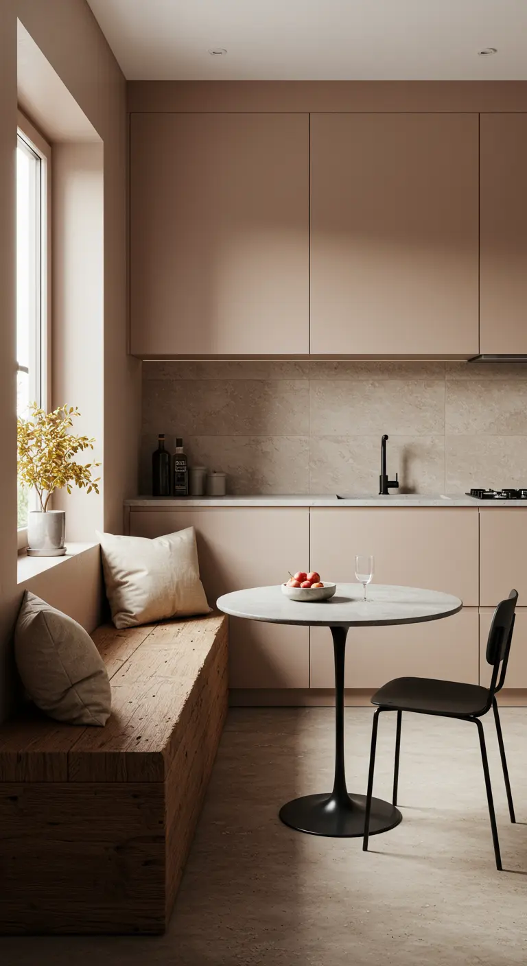 Minimalist beige kitchen with a rustic reclaimed wood bench.