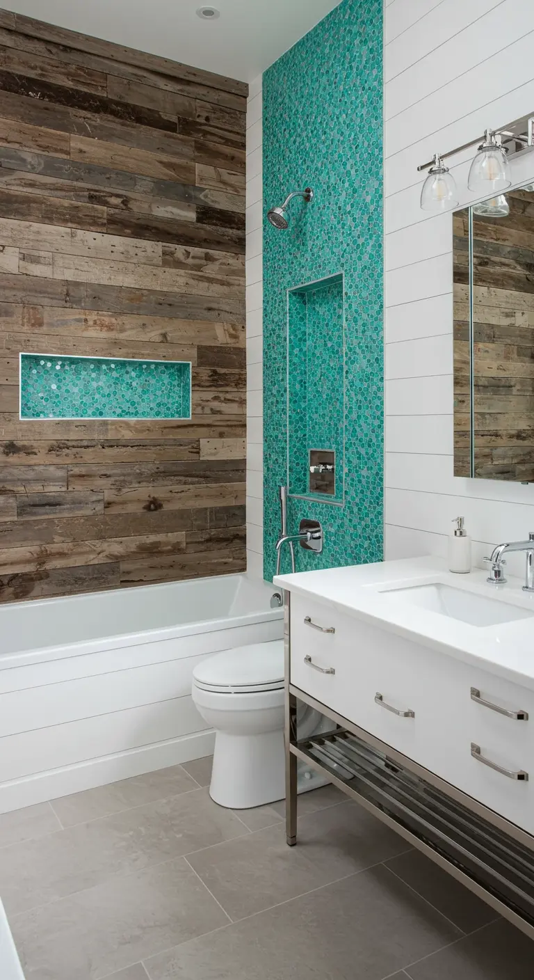 Bathroom with a reclaimed wood accent wall behind the tub and a white vanity.
