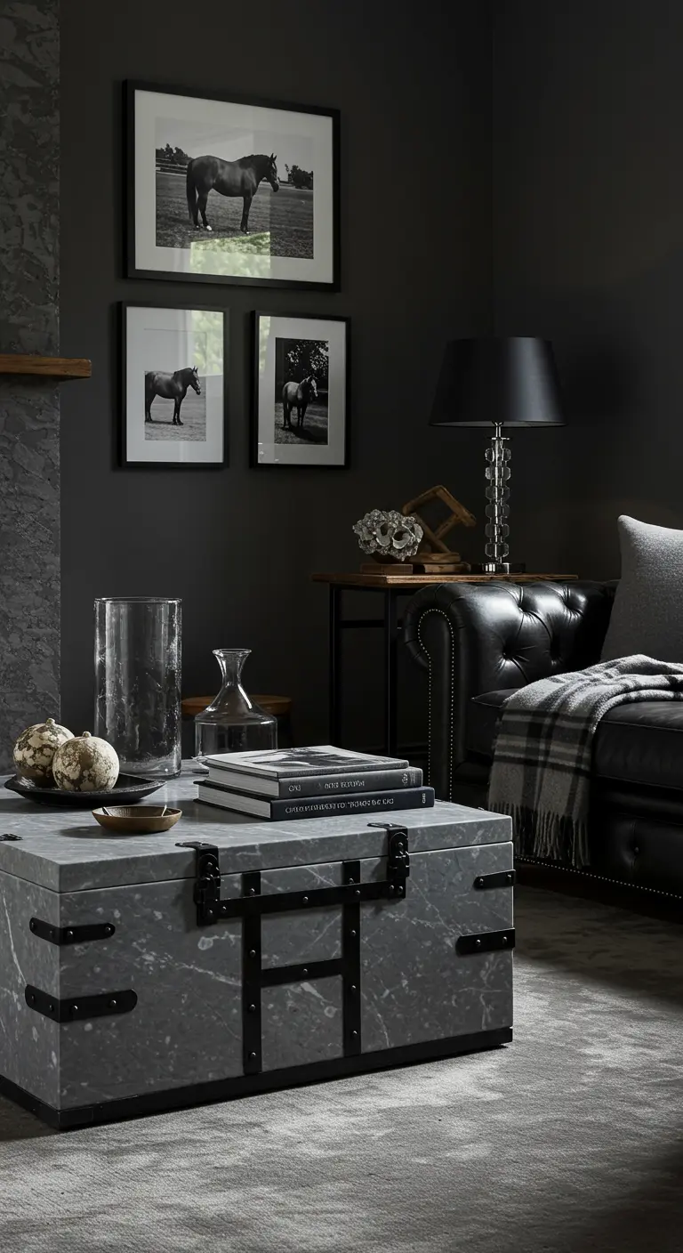 Dark living room with equestrian photos, a leather sofa, and a marble trunk-style coffee table.