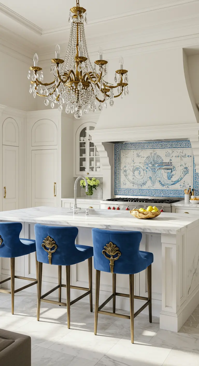 A classic white kitchen with a blue and white tile mural backsplash and blue velvet stools.