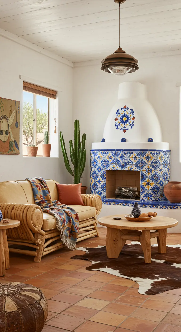 Southwestern living room with a kiva fireplace decorated with blue and yellow patterned tiles.