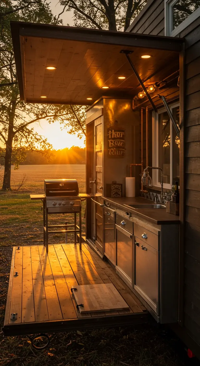 Outdoor kitchen of a tiny home at sunset with stainless steel and copper pipe details.