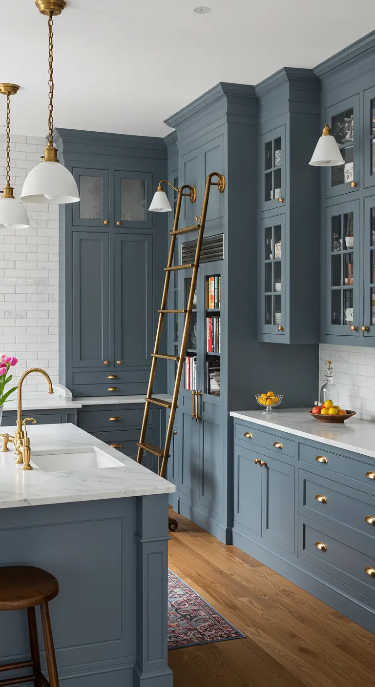 Dusty blue kitchen with tall cabinets and a rolling brass library ladder.