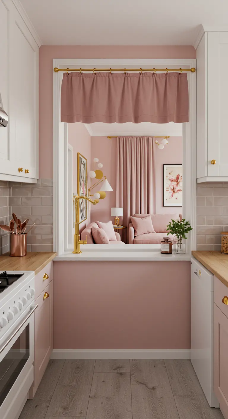 A pink cafe curtain on a gold rod over a kitchen passthrough window.