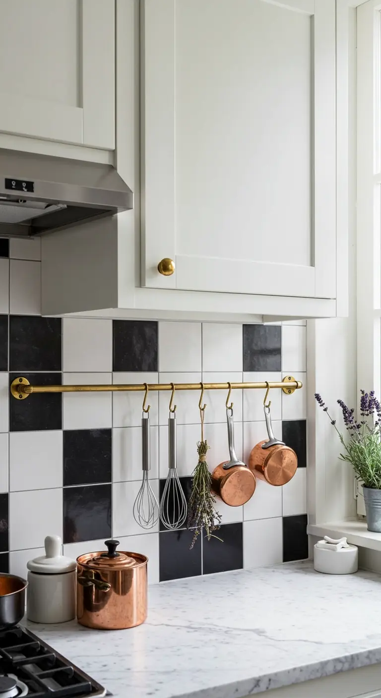 A kitchen with a black and white checkerboard backsplash and a brass rail with hanging utensils.