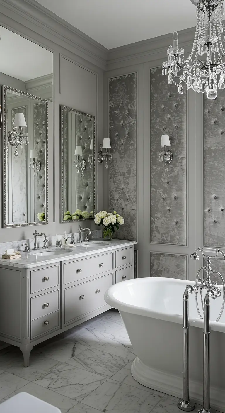 Elegant grey bathroom with crushed velvet panels set inside traditional wall moulding.