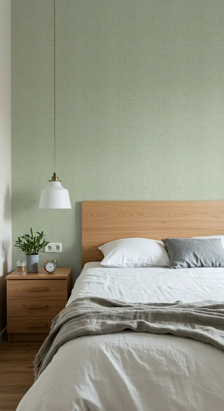 Bedroom with a pale green textured grasscloth accent wall behind a wood headboard.