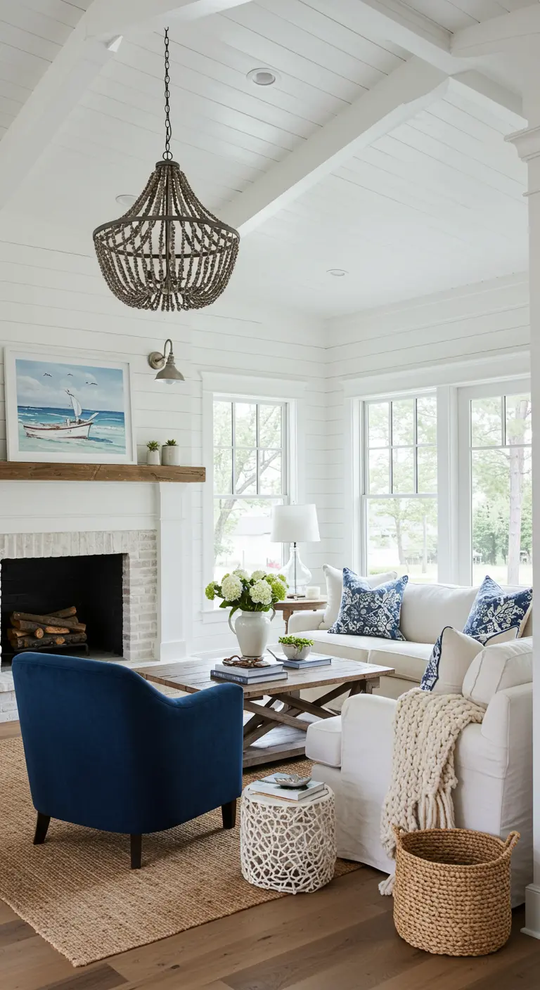 Coastal farmhouse living room with a navy armchair and a beaded chandelier.