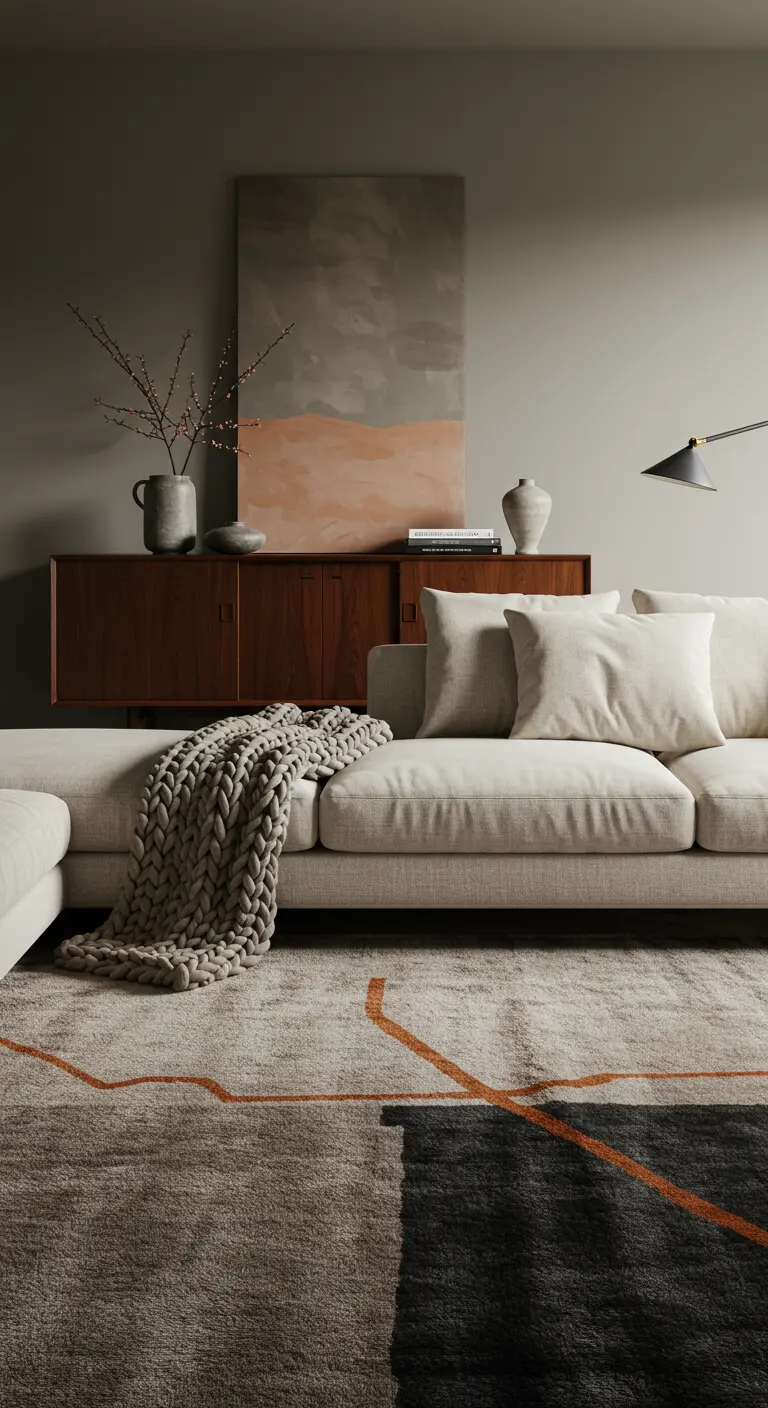 A serene greige room with a dark teak credenza and a neutral rug with subtle graphic lines.