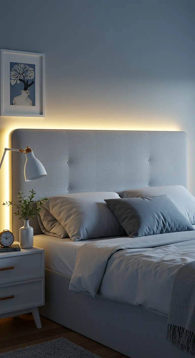 A grey upholstered headboard with warm LED backlighting creating a halo effect on the wall.