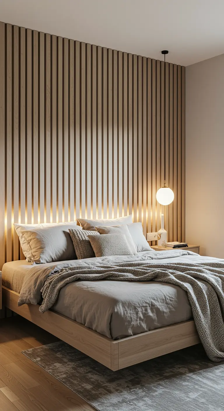 Bedroom with a slatted light wood accent wall and integrated backlighting behind the bed.