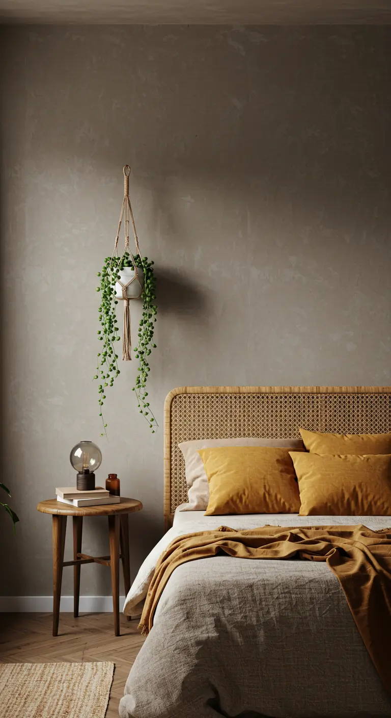 A bedroom with a textured beige wall, rattan headboard, and a hanging string-of-pearls plant.