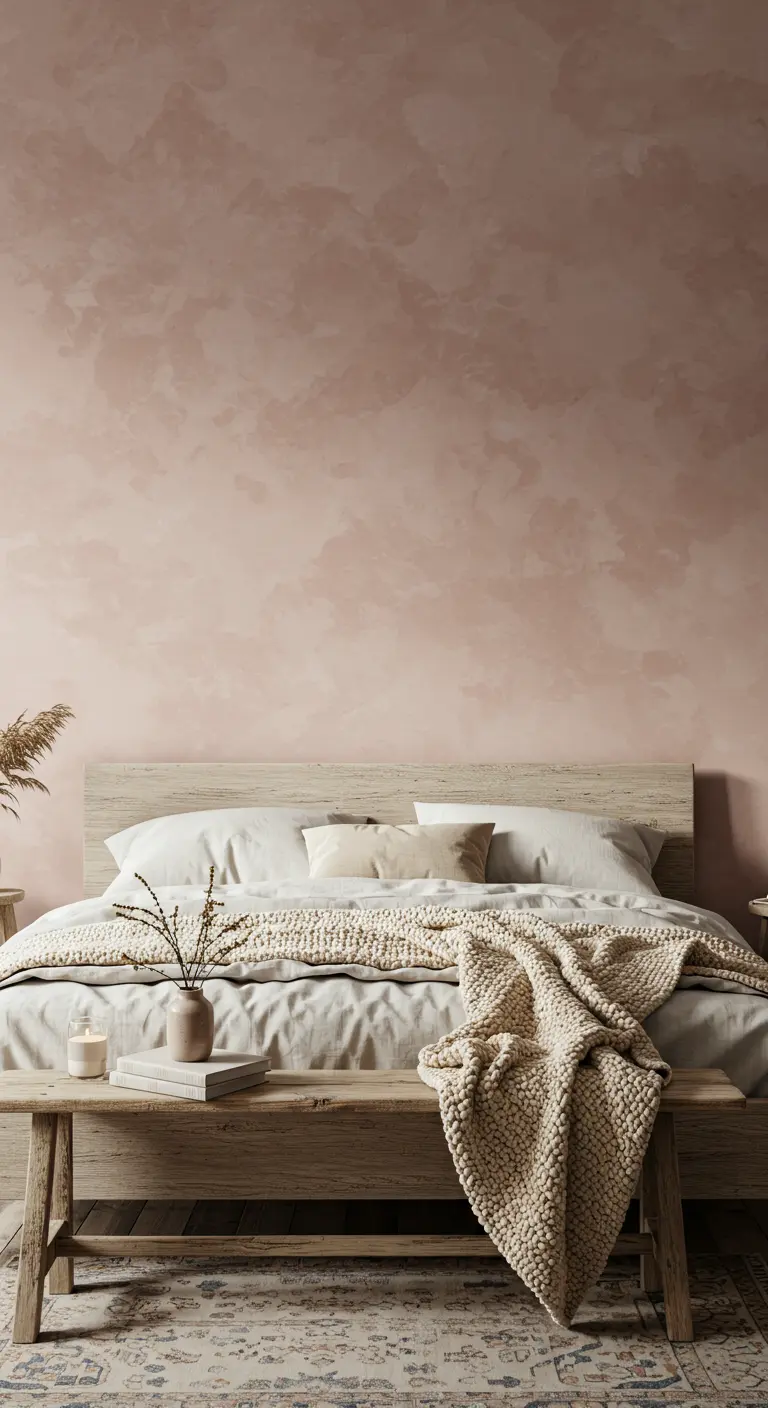 Bedroom with a dusty rose textured limewash wall behind a light wood bed.