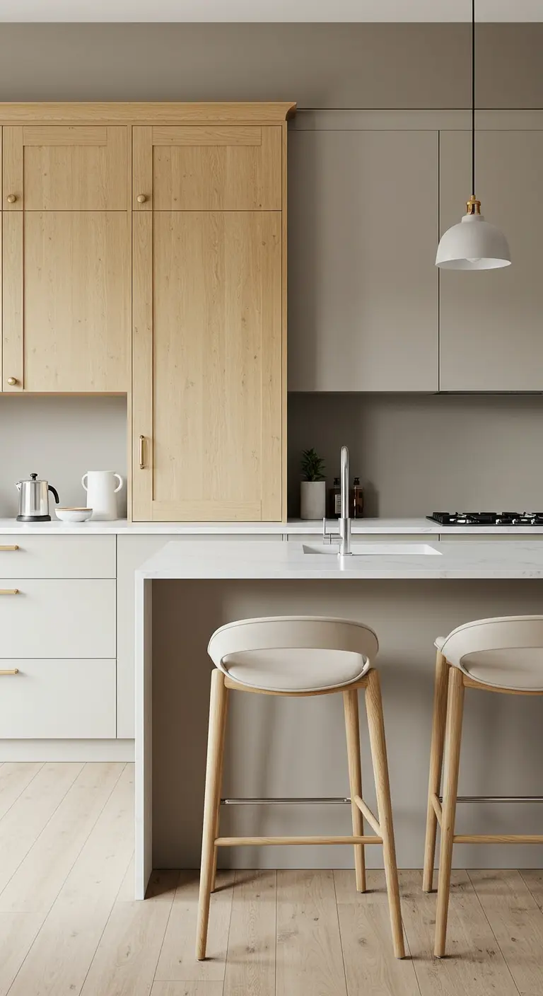 Two-tone kitchen with light wood upper cabinets and greige lower cabinets and island.
