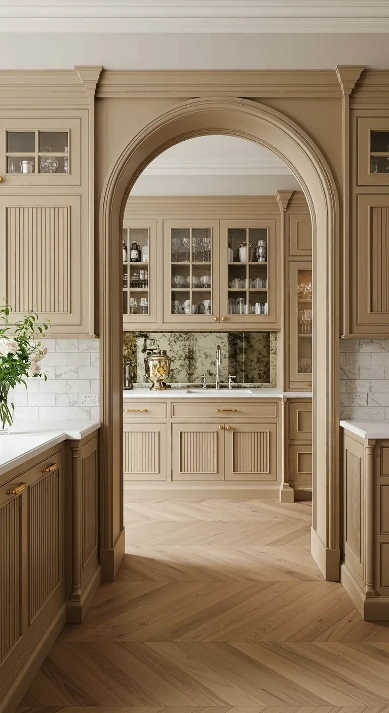 Taupe kitchen seen through an arched doorway, with an antiqued mirror backsplash.