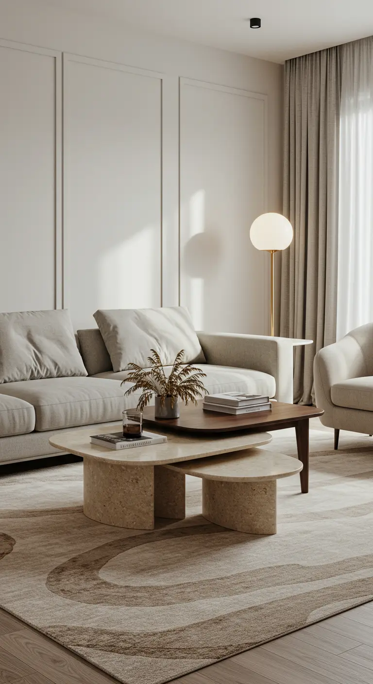 A serene living room with picture frame molding on the walls and a tiered stone coffee table.