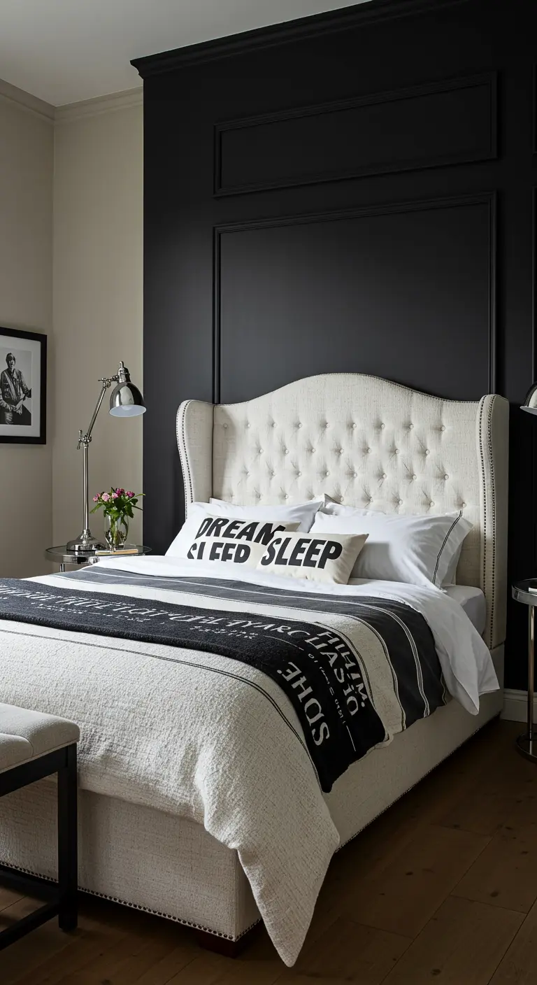 Elegant bedroom with a black paneled accent wall behind a cream tufted wingback bed.