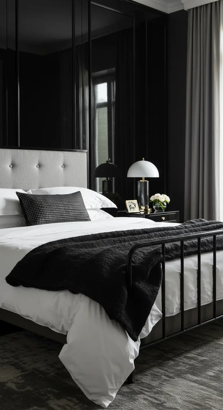 Sophisticated bedroom with black mirrored panels behind a grey upholstered bed.