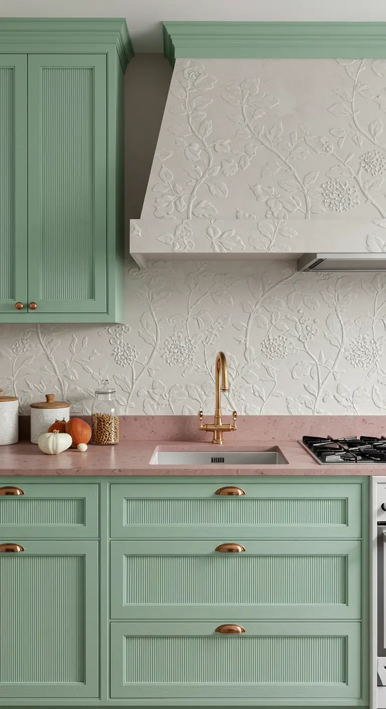 Mint kitchen with reeded cabinet fronts and a white 3D floral plaster range hood.