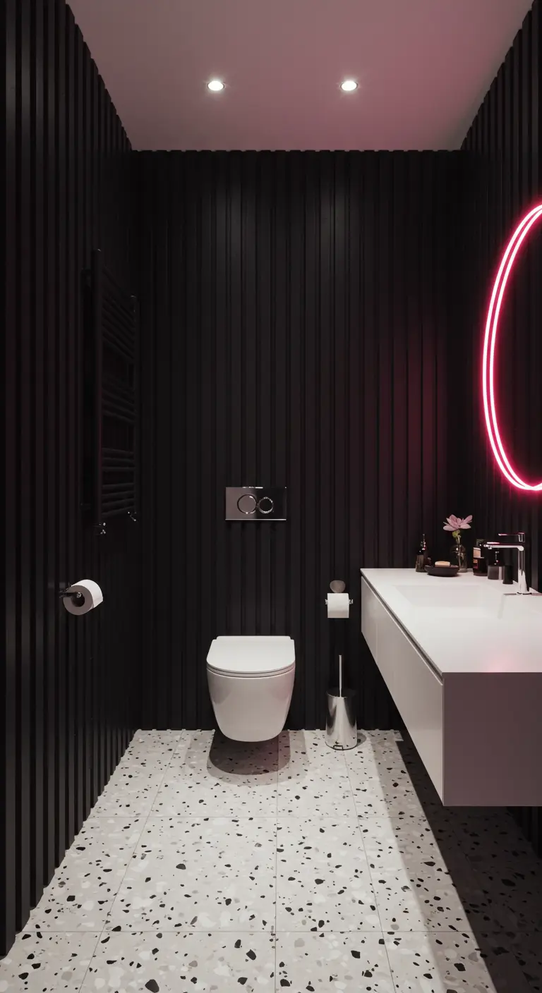 Powder room with black slatted walls, a terrazzo floor, and a mirror with pink neon light.