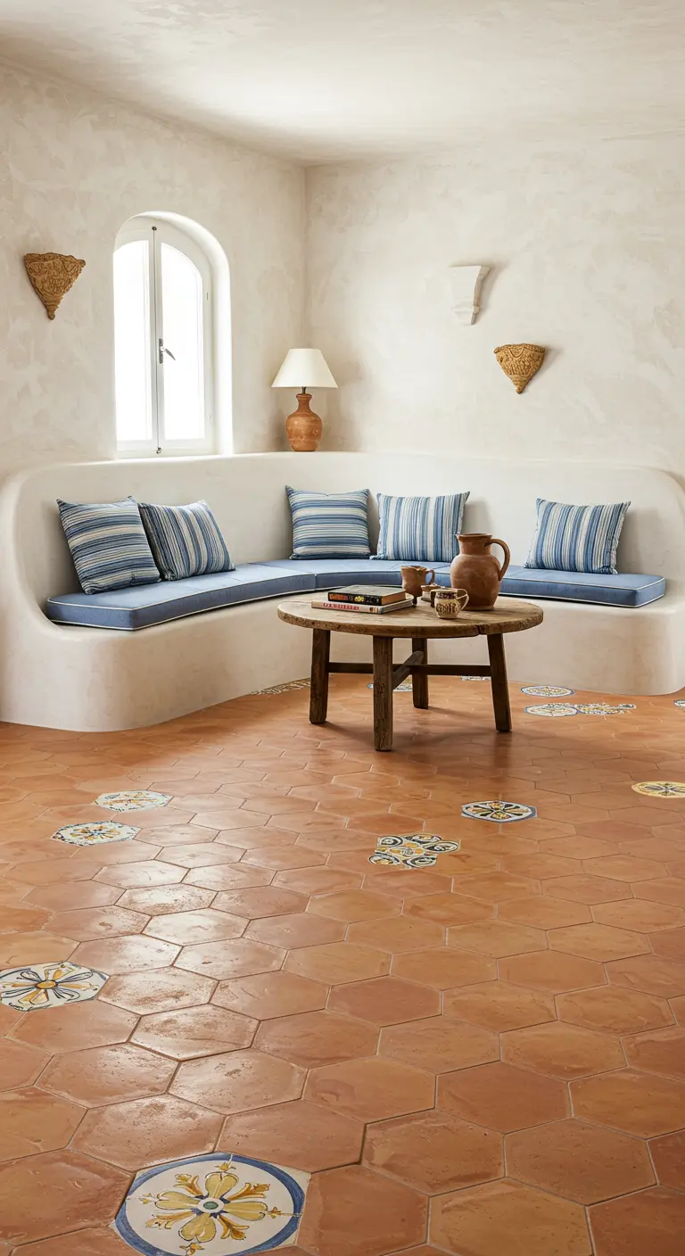 A Mediterranean-style room with a terracotta floor featuring scattered decorative tile inlays.